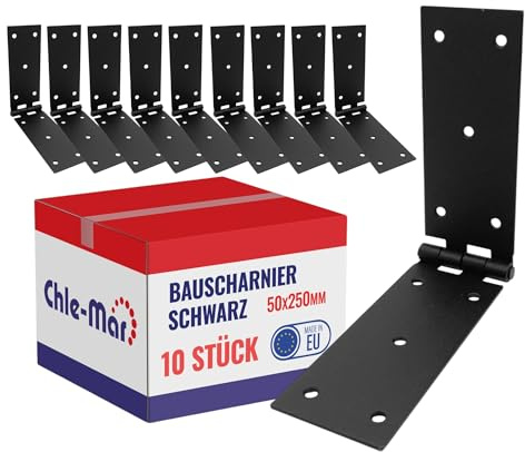 Chle-Mar 10x Scharniere Schwerlast Schwarz 50x250mm Wetterfest | Robustes Türscharnier für Möbel & Holztüren, Stabiles Kistenband für Truhen & Schränke, Langlebig, für Innen & Außen