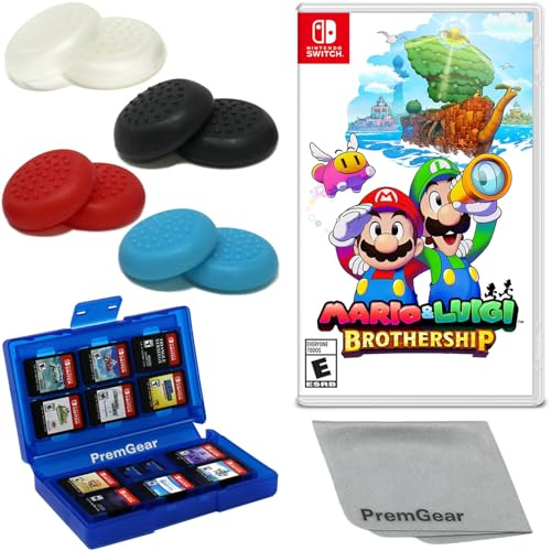 Mario & Luigi: Brothership for Nintendo Switch (US Version), with PremGear Thumb Grips (8 pack - Black, Blue, Red & Clear), 24 Slot Game Card Holder & Cleaning Cloth