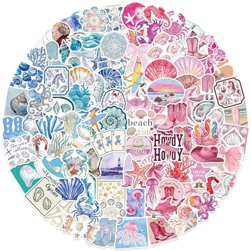 100pcs Aesthetic Stickers for Girl Cute Blue Ocean Beach Stickers Waterproof Vinyl Decal for Girl Teen Adult Student Water Bottle Laptop Phone Computer Skateboard Luggage Notebook