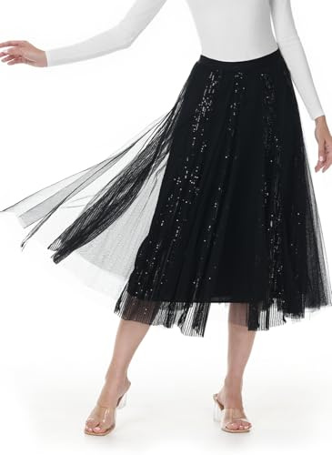 GroYolan Gonna Tulle Donna Midi con Paillettes, Lunga tutù a Trapezio A-Line a Vita Alta con Elastico per Casual Festa Taglia Unica
