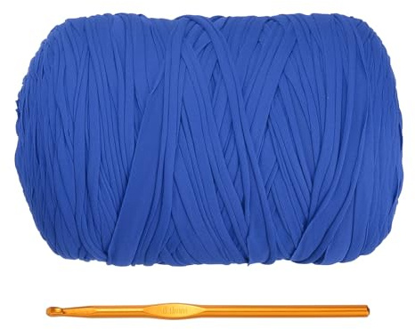 PATIKIL T-Shirt Yarn for Crocheting with 1 Crochet Hook, 800g/228 Yards Soft High Elastic Knitting Yarn for Beginner Crochet Bag/Basket/Home Decor(Deep Blue)