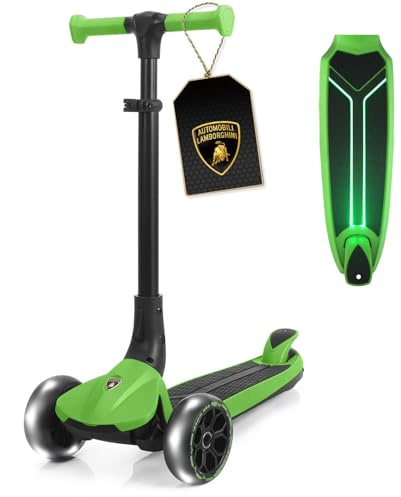 Lamborghini Scooter for Kids Ages 3-7, 3 Wheel Kids Scooter with Light-up Wheels & LED Deck, Adjustable Height, Foldable, Lean to Steer, Kick n Roll for 3+ Year Old Toddlers Girls Boys Green