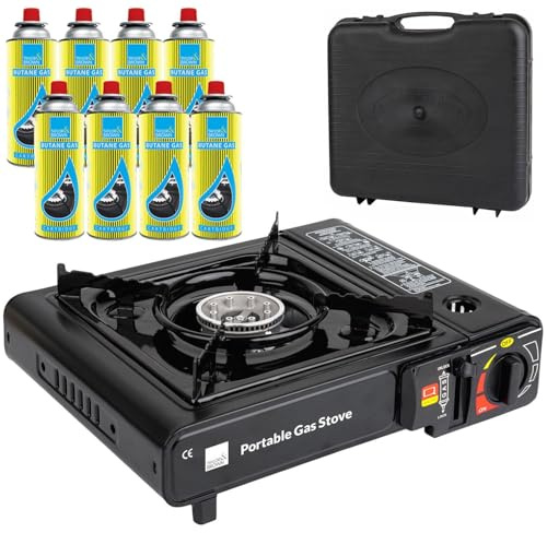 Taylor & Brown Black Portable Camping Stove with Cary Case & 8 Butane Gas | EN417 Compliant Premium Camping Stove Gas Portable | with Automatic Ignition & Heat Control