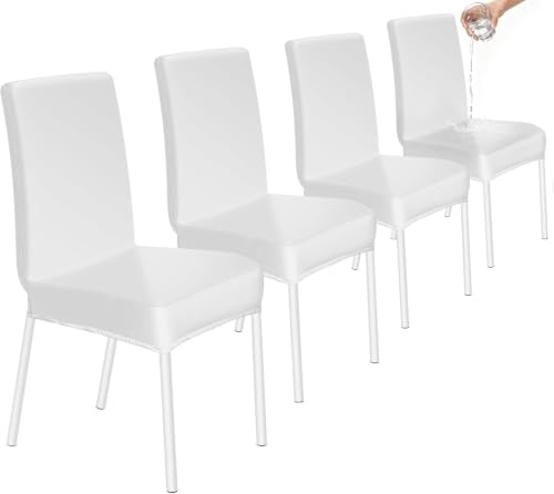 HOZKUY Kratzfeste Stuhlhussen 4er Set, Elastische Wasserfeste Stuhlbezüge Abnehmbar Waschbar, Universal Hussen Schutz für Hochlehner, Schwingstuhl, Küche, Restaurant, Bankett, Hochzeit, Hotel, Weiß