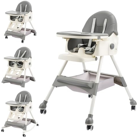 Generisch Baby 6-in-1 Hochstuhl – Verstellbar & Faltbar, abnehmbares Doppel-Tablett, 4-fach Rückenlehne, 5-Punkt-Gurt, mitwachsend 6 Monate–6 Jahre, Grau