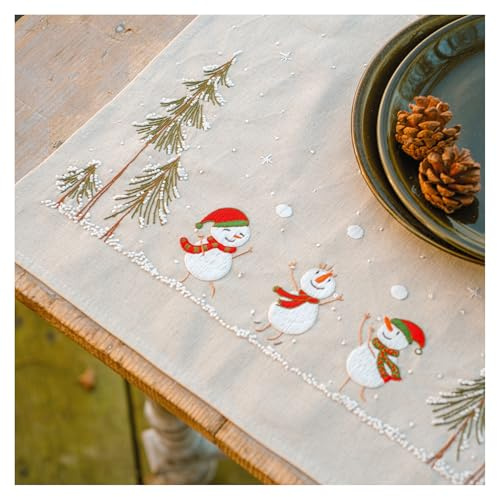 VERVACO Korsstygn broderiförpackningar bordsset tyg snögubbe 2-pack broderiset förtecknat gör-det-själv pyssel vuxna kreativt kit för självbroderi ca 35 x 45 cm gör-det-själv broderiset, broderiset