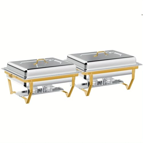Confezione da 4/2 Chafing Dishes in acciaio inossidabile da 8 QT, set completo di scaldavivande for buffet con porta-combustibile for catering e feste(2 pack Gold)