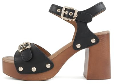 Soda Brave ~ Women Square Toe Studded Platform High Heel Sandal with Buckle Straps (Black Pu, 7.5)