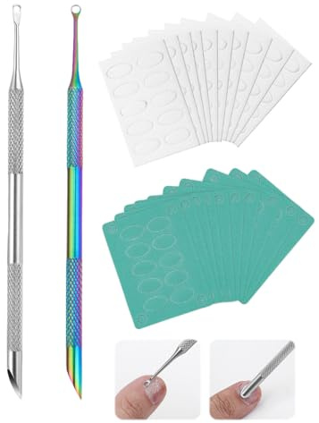 ALONK 2 Stück Doppelendig Nagelhautschieber mit 20 Nail Sand Polishing Tablets, Edelstahl Cuticle Remover, Nagelhautentferner Selbstklebend Schleifpapier Maniküre Set, Nagelpflegeset für Nail Art