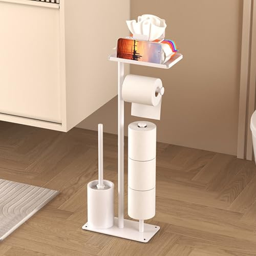 Porte-papier toilette autoportant avec compartiment de rangement sur le dessus, porte-papier toilette avec espace de rangement, en acier au carbone avec brosse WC