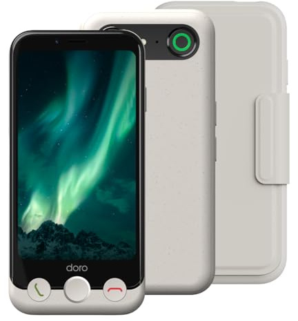 Doro - Aurora A10 Mobile Phone Wallet Case bundle- Senior Smartphone - Easy to Use - Assistance Button - Hearing Aid Compatible USB Cable Included - Bone