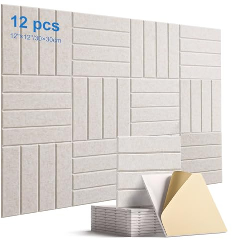 SI SEN Self-Adhesive Acoustic Wall Panels, 12 Pack Premium High Density Sound Absorbing Panels - Noise Reduction Sound Proofing for Podcast Studio, Living Room, Offices, 30x30x0.9cm (Beige)