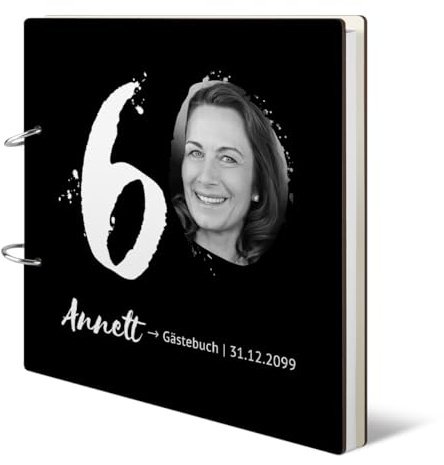 60 Jahre Runder Geburtstag Gästebuch inkl. Buchdeckel individuell gedruckt Foto und Text, quadratisch 215x215mm Ringbuch inkl. 72 Blatt / 144 Naturpapier Innenseiten - Fotokleckse Motiv
