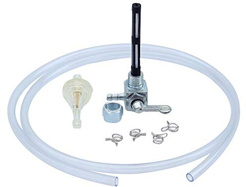 Benzinhahn Set, M12 x 1, Abgang links, ohne Wassersack, Metall-Hebel + Filter, Schlauch und Klammern
