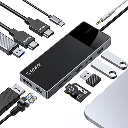 Docking Station, 12 in 1 USB C Hub 3.0, Multiple Adapter Triple Display con PD 100W,Dual HDMI, 4K@60Hz DP,USB-A3.1×2,USB-A2.0×2,RJ45,SD/TF×1, Audio×1 Compatibile con Dell/Surface/Lenovo Laptops