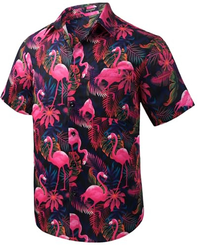 Rithern Camicia Hawaiana Uomo Manica Corta Fenicotteri Camicia Estiva Spiaggia Hawaiane Casual da Uomo con Bottoni Rosa & Nero XL