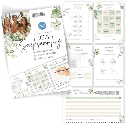 heaven+paper Hochzeitspiele für Gäste (Spielesammlung 5 Spiele) JGA Ideen Eukalyptus, Spiele für Jungesellenabschied - Hochzeitsbingo, Stadt Land Braut, etc (für 10 Personen) lustige JGA Ideen