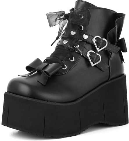Tscoyuki Plateau-Stiefel mit Nieten für Damen, Gothic-Rave-Stiefel, runder Zehenbereich, klobiger Keilabsatz, Kampfstiefelette mit seitlichem Reißverschluss, Schnalle, Booties für Konzerte, Schwarz 1