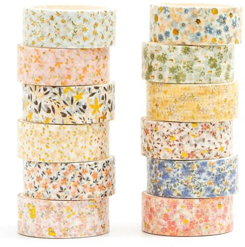 Songdao Washi Tape,12 Rollen Washi Klebeband Set Dekoratives Washi-Tape Niedliche Goldfolie Dekorative Masking Tape für DIY Art & Crafts (Frühlingsblüte)