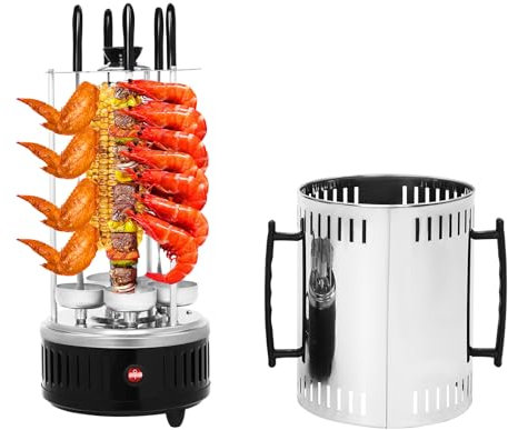 Vertikaler Rotisserie-Grill, 1000W Vertikaler Elektrogrill, Vertikalgrill aus Edelstahl mit Schaschlikspieße und Ölauffangwannen, Für Familien, Grills, Restaurants,Picknicks (5 Spieße)