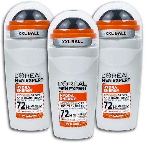3 er Pack Loreal MEN EXPERT Hydra Energy Extreme Sport Anti-Transpirant Deo Roll On 3 x 50 ml