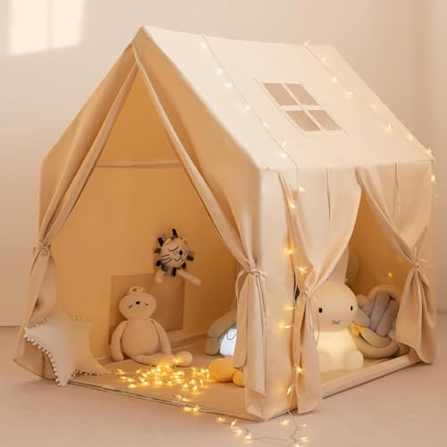 HOUOOFVA Kid Play Tent with Lights - Large Play Tents for Toddlers Kids Tents Indoor Playhouse- Toddlers Playhouse with Windows - Toy House Gift for Boys & Girls- Beige(120D x 101W x 132H)