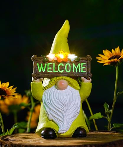 Yeomoo Nain de jardin solaire avec panneau de bienvenue et fleurs pour décoration de jardin extérieure - Figurine de lutin amusante - Cadeaux pour femmes et hommes - Cadeau d'anniversaire pour jardin