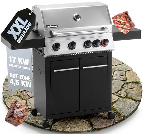 Flammenwerk Profi Gasgrill 4 Brenner + Seitenkochfeld – 17kW Gesamtleistung, LED-Knöpfe – Hochwertiger BBQ Grillwagen mit Deckel - Gusseisenrost & Warmhalterost