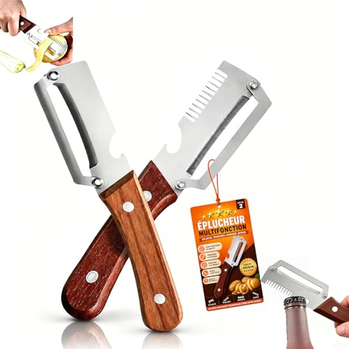5 en 1 Éplucheur de légumes multifonction pour la cuisine avec lame en acier inoxydable ultra-aiguisée et manche en bois ergonomique, Décapsuleur, Écailleur à Poisson et Coupe-Oignon (2Pcs-mix)