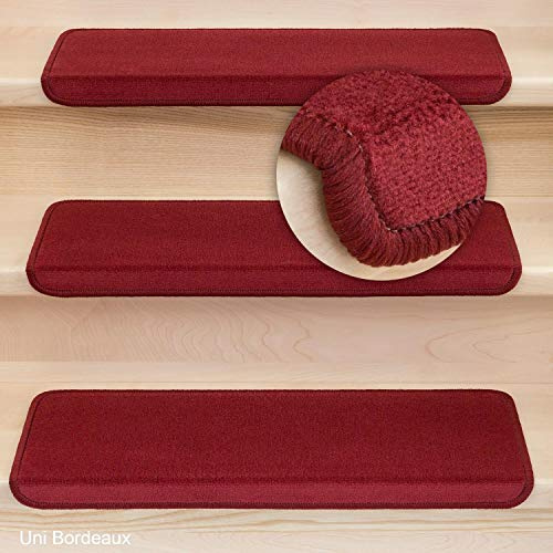 Metzker Stufenmatten Uni Bordeaux 14 Stück Rechteckig | Velourteppich von DAS TEPPICHWERK - Trittfläche ca. 65x24cm incl. Klebeband