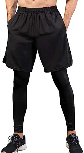 Yuerlian Black Mens 2 in 1 Pants Running Shorts with Compression Leggings Quick Dry Sports Clothes Sets for Gym Workout Jogging Football
