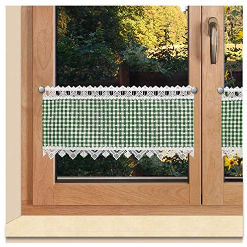 Landhaus-Scheibenhänger Leni grün-weiß karierter Stoff / kleine eingewebte Herzen / Kurzgardine mit weißer Spitzenkante und Lochschaube aus feiner Vogtländischer Stickerei / 27 cm Höhe