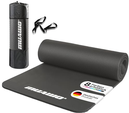 Muawo Premium Gymnastikmatte inkl. Tasche + Tragegurt | Phthalatfreie Trainingsmatte | Yogamatte - rutschfest, extra dick & lang | 190 cm x 100 cm x 1,5 cm | Fitnessmatte Grau