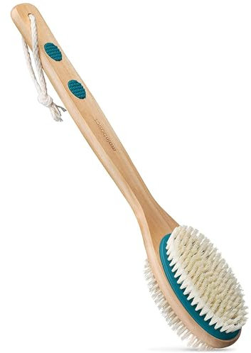 MainBasics Rückenschrubber für die Dusche – Langer Griff, doppelseitige Bürste für Körperwäsche und Schrubben mit Peeling und weichen Borsten (Blaugrün, Holz)