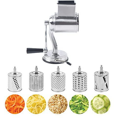 Manuelle Gemüseschneider Gemüsehobel Trommelreibe Manuelle Multi Reibemaschine W/5 Edelstahl Drum Klingen Geeignet für Kartoffeln, Gurken und Anderes Gemüse und Obst