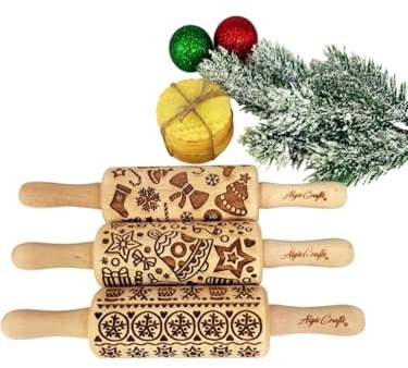 WEIHNACHTSSPASS 3-er SET mini Nudelhölzer Teigrolle für hausgemachtes Gebäck. Weihnachten Teigrolle. Gravierte Nudelholz mit Muster von Algis Crafts