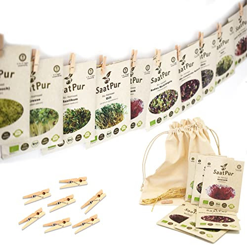 SaatPur® Bio Sprossen Samen Adventskalender, Nachhaltiger Weihnachtskalender Microgreens Keimsaat Keimsprossen Saatgut mit Sprossensack Leinen Beutel zum Aufhängen