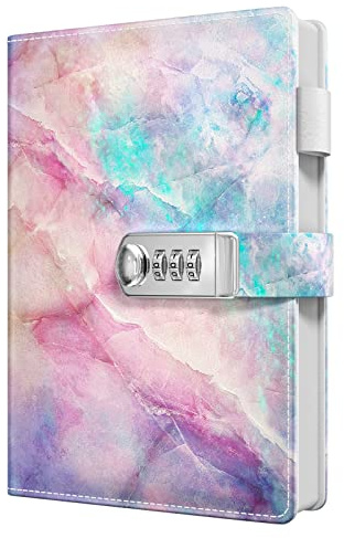 HUAMXE Diary with Lock, Personal Locking Journal for Women girls, Leather Hardcover Notebook A5 5.9 x 8.7, 200 Pages Thick Paper, Cute Refillable Journals for Writing Journaling, Colorful Marble