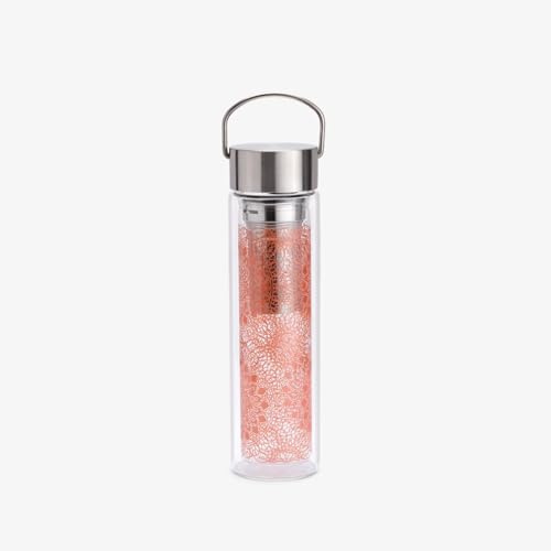 Eigenart FLOWTEA Mandala doppelwandige Trinkflasche aus Borosilikatglas mit Edelstahldeckel, Neoprenhülle und Sieb, BPA frei, 400ml, 50025