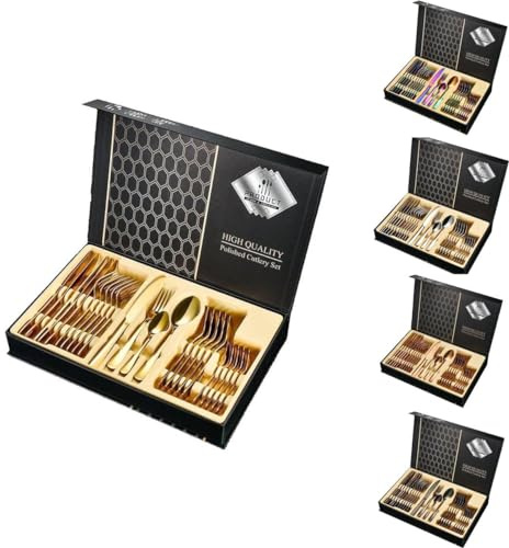 Faizee Möbel | Besteck Set Edelstahl für 6 Personen | 24-teiliges Besteckset hochglanzpoliert | Spülmaschinenfest & rostfrei | Geschenkbox in Gold
