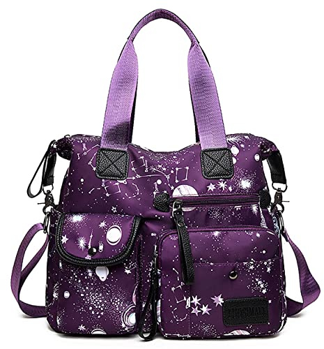 SHIFANQI Tote Bag for Women, Purse and Handbags with Multi Pockets & Zip, Lightweight Ladies Top Handle Shoulder Bag, Nylon Cross body Messenger Bag for Work School, Travel (Purple Star Sky)