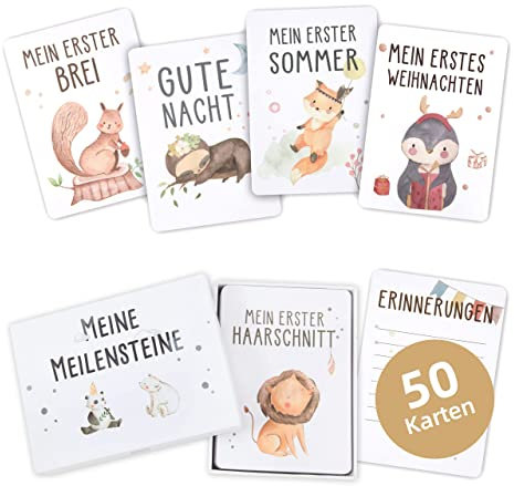 Marvelights Meilensteinkarten Baby – 50 Karten im Boho Stil mit Geschenkbox, Geschenk zur Geburt & Babyparty für Jungen & Mädchen, Neugeborenen Meilenstein Karten Set