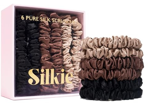 SILKIE 6er-Set 100% reine Maulbeerseide, schwarze und braune, rosa, nude, neutrale dünne Haargummis mit Reisebeutel Haargummis für jeden Tag Haarpflege Pferdeschwanzhalter, ohne Haarschäden (Truffle)
