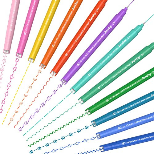 AECHY 12er Set Textmarker für Notizstifte, Doppelspitze Stifte mit 10 verschiedene Mustern und 12 Farben feine Linien, Kurven Highlighters für kreative Einsteiger, Studenten, Kinder, Geschenke