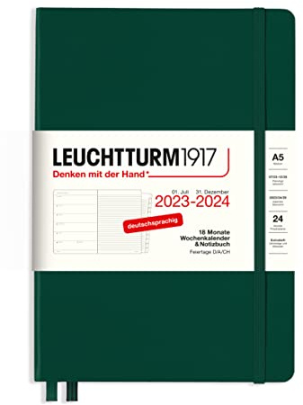 LEUCHTTURM1917 367679 Wochenkalender & Notizbuch Medium (A5) 2024, 18 Monate, Forest Green, Deutsch