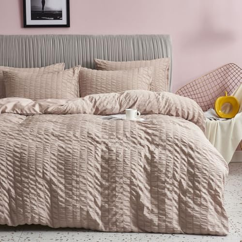 Freyamy Bettwäsche 220x240 Seersucker Khaki Geprägt Gestreifte Bettwäsche-Sets Aesthetic Microfaser ÖKO-TEX Bettbezug 2 Deckenbezug mit Reißverschluss und 1 Kissenbezug 80x80cm