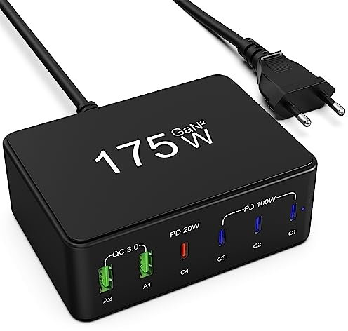 USB C Ladegerät, 175W GaN USB C Netzteil 6-Port USB Ladegerät Mehrfach, 4Typ-C+2USB-A Schnellladegerät Charger, Ladestation Für MacBook Pro/Air iPad iPhone 14/13/12/11 Galaxy S23 Ultra/S22/S21