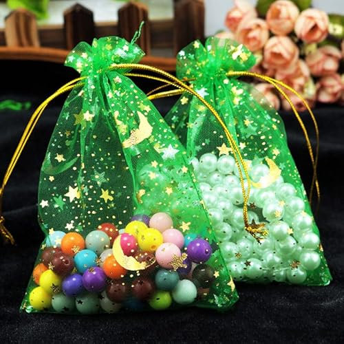 Organzasäckchen 100 Pcs Geschenkbeutel, 13*18cm Organzasäckchen Klein Geschenk Schmuckbeutel mit Kordelzug Mit Stern Mond Muster Organzabeutel Für Festival süßigkeiten Party Und Hochzeit-Grün