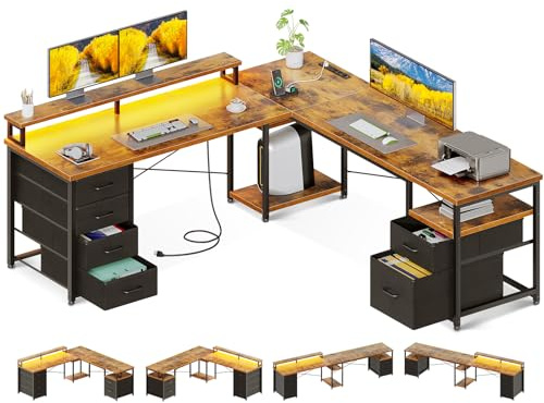 AODK 66 L Shaped Computer Desk, 113“ Reversible Home Office Desk with File Cabinet & 4 Fabric Drawers, Two Person Desk with LED Lights & Power Outlet, Corner Gaming Desk with Monitor Shelf, Vintage