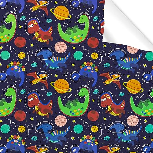 Dinosaurier im Weltraum Geburtstags-Geschenkpapier für Kinder, Mädchen und Jungen, Geschenkpapier für Babypartys, 4 Blatt Planet Marineblaues Papier, flach gefaltet, 50 x 70 cm pro Blatt